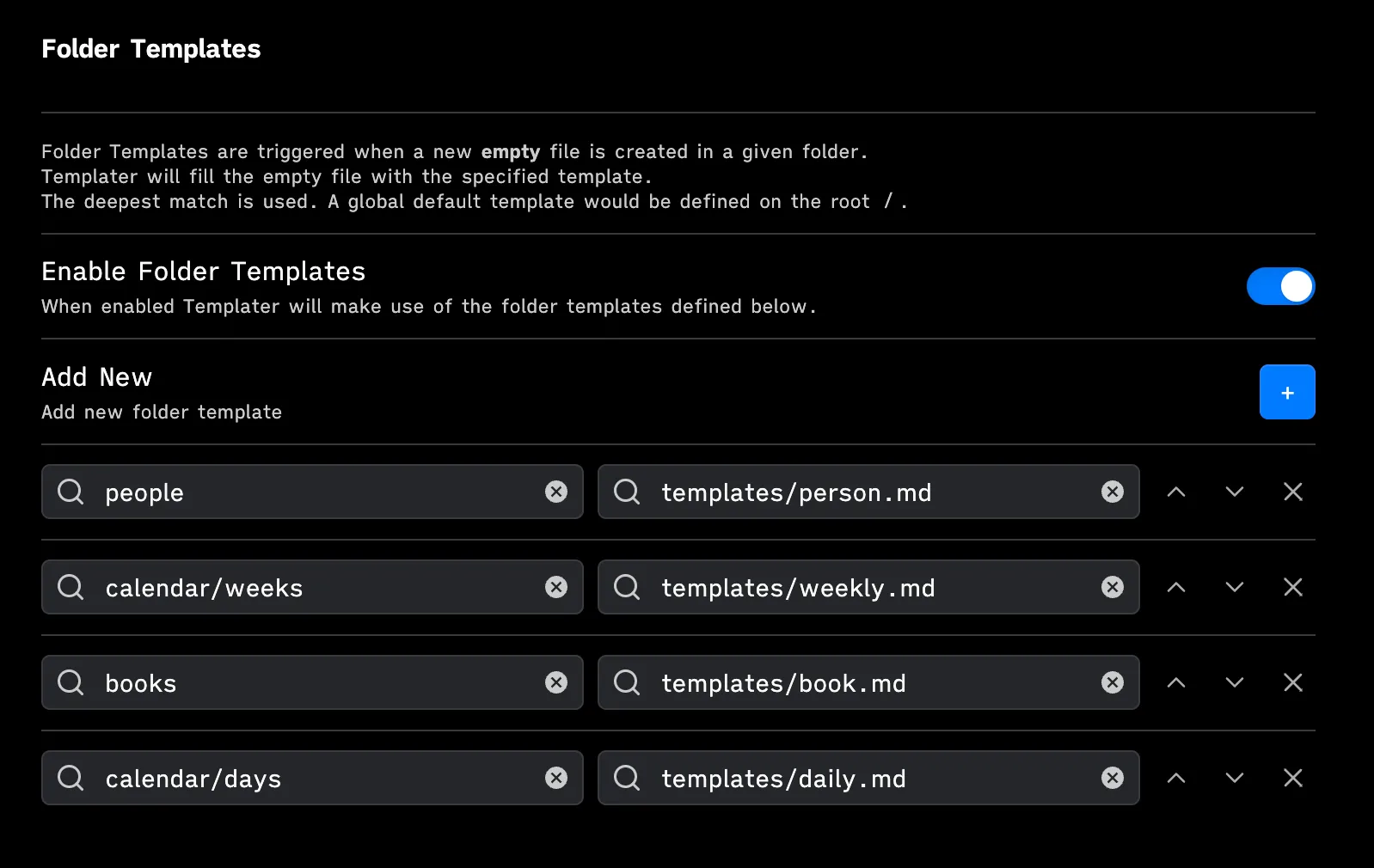 Screenshot of folder template settings in Obsidian